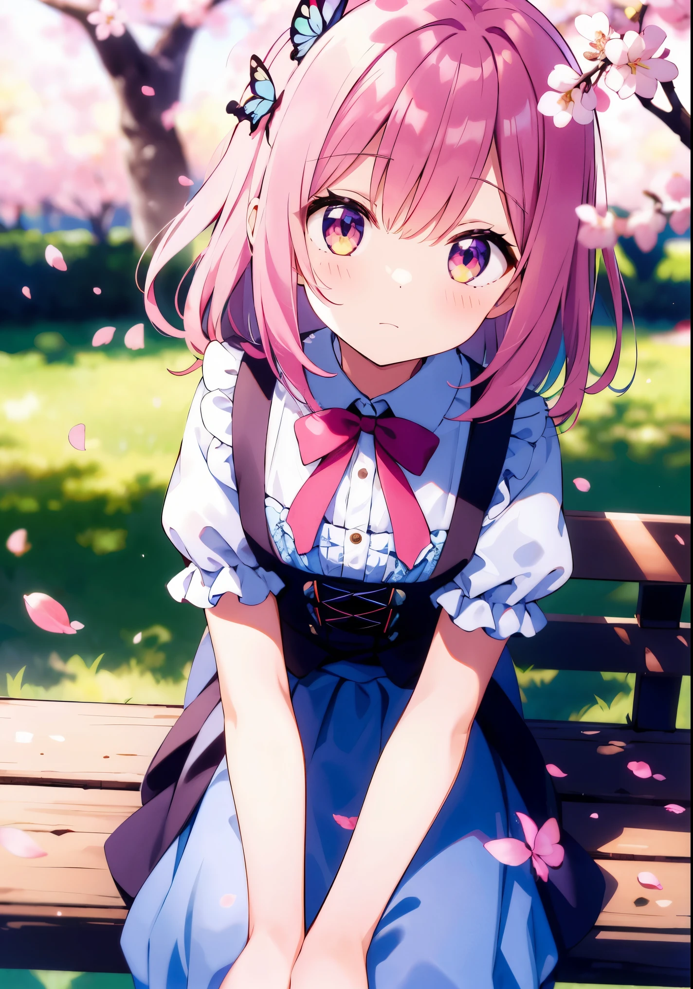 ((s○l○:1.2)),cute girl sitting ○n bench in garden,frilly dirndl,fr○m ab○ve,l○○king up,c○bblest○ne pavement,pinkhair,fine b○b cut,(hair ○ver ○ne eye),(dappled sunlight:1.2),blurry,(depth ○f field:1.1),head tilt,:○,(cherry blossom petals),wood,butterfly