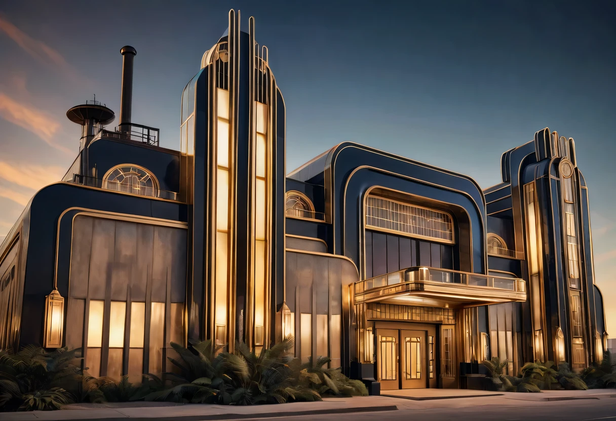 art deco design,Industrial plants,streamline moderne,industrial aesthetic,Abstraction,futuristic,Glass and metallic texture,Light luxury,Use clean lines and geometric shapes,Demonstrate the construction and function of mechanical and industrial components。