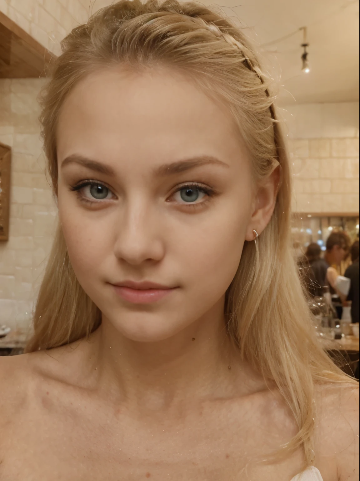 Photo of a 20 year old blonde woman, that has a very natural face, thin lips, thin eyes, thin eyebrows, thin nose, earrings, long eyelashes. She makes a cute selfie in a cafe