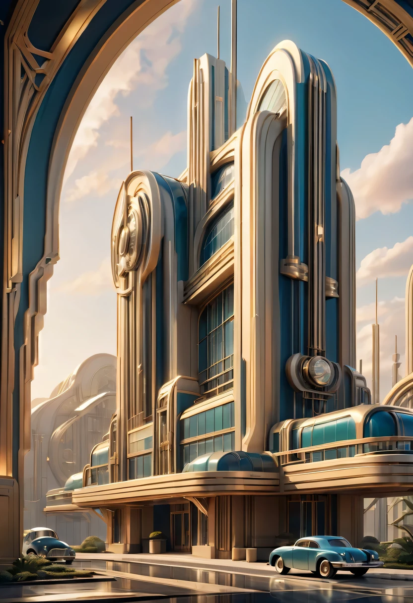 art deco design，Industrial plants，streamline moderne，industrial aesthetic，Abstraction，futuristic，Glass and metallic texture，Light luxury，Use clean lines and geometric shapes，Demonstrate the construction and function of mechanical and industrial components。