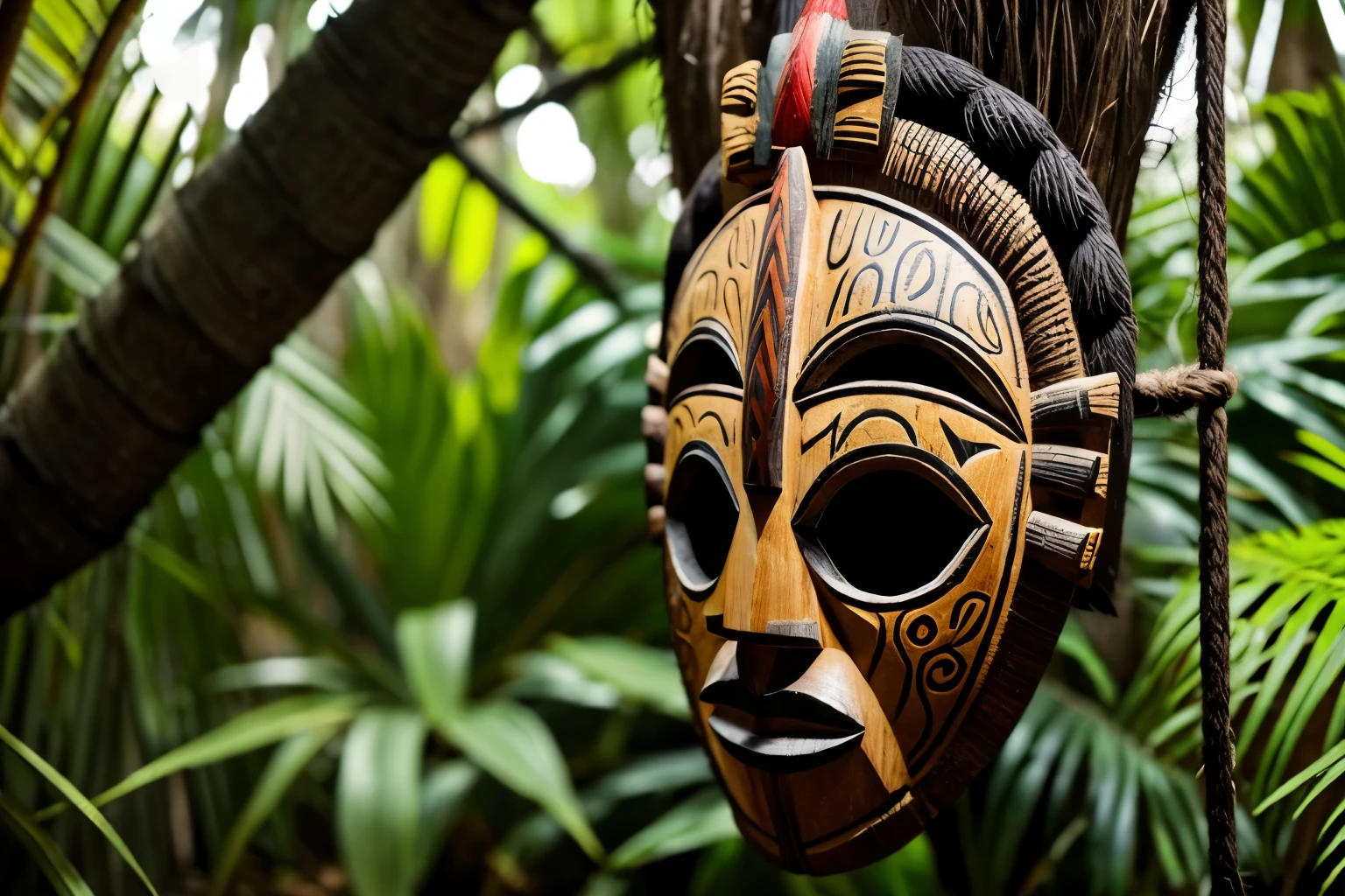 african tiki tribal mask, in jungle, front view, mask is hanged on a tree,