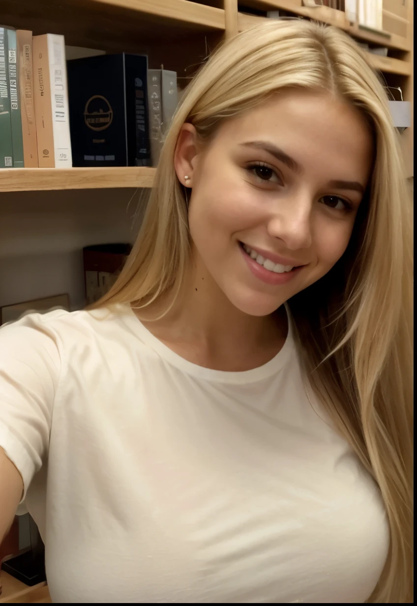 A 23-year-old blonde woman, ((pechos grandes)), ((hiperrealismo)) ,. blonde hair with light brown roots. cabello rubio, Hair with brown roots, cabello extra largo, cabello muy largo, really long hair, Beautiful, Front view, selfie, photo taken with iPhone, elegant tomboy shirt, selfie in the library, high quality, selfie iPhone, modest, huge breasts, happy smile, ultraHD