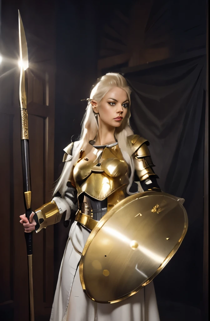 Galadriel Full body martial portrait with armor shield and spear, in (white enamelled heavy plate armor with gold filigree:1.3), golden hair with silver highlights, sexy, light grey eyes, (pointed ears:1.2),
Portrait by Caravaggio, oil on canvas.
1girl,
Full body with shield and spear. The shield device shows the sigil of the house of finarfin. She is holding a long spear. At her side hangs a long sword in scabbard.