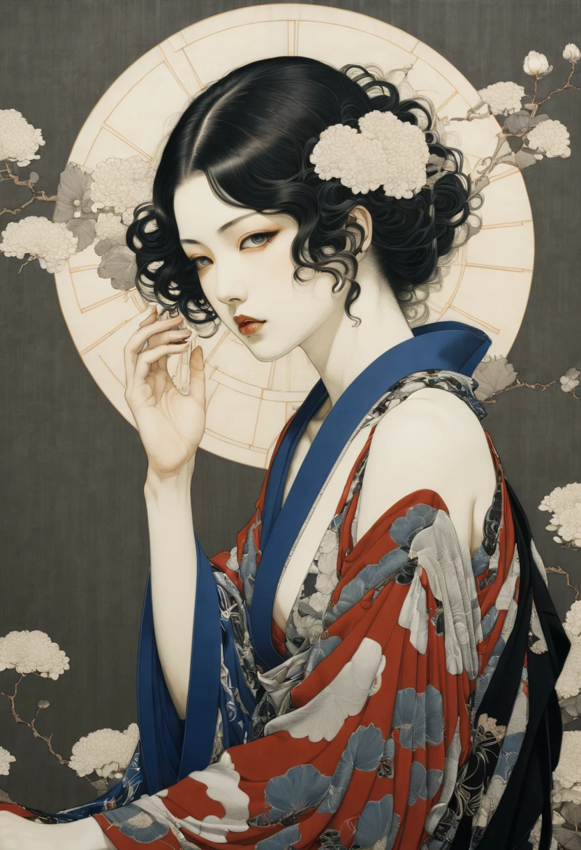 (masterpiece, Highest quality),Takato Yamamoto Style、Mucha style、Art Deco、Mandala、Tangled、Fractal Art、twist、Vibrant colors,colorful, Highest quality, Amazing details, Anatomically correct, Line art, ((Solo Girl))、(Pussy), (tits),(Nipples), (Black Hair),(Thighs),(Big Breasts)、Perfect Style, (School long sleeve sailor uniform)、Praying with hands together、Sit with your legs apart、Lotus、Showing off pussy、Buddha Pose、Open clothes,White socks、your、Browsing Caution, throw, simple background,Money_background,Mandala、Zentangle Art