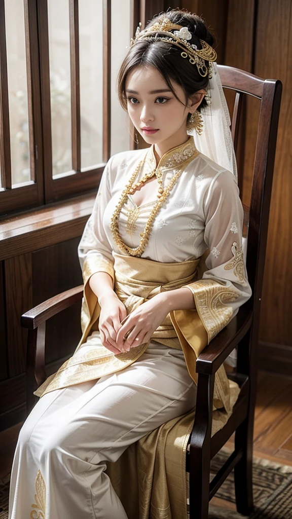 a woman sitting on a chair carrying a canang_sari, traditional Balinese clothing, wearing ornate clothing, traditional beauty, kebaya_bali, wearing intricate white lace, golden patterned female Balinese kamen, kebaya_bali clothing, Balinese costume, traditional Kebaya_bali style, wearing elegant clothing, traditional adat Bali