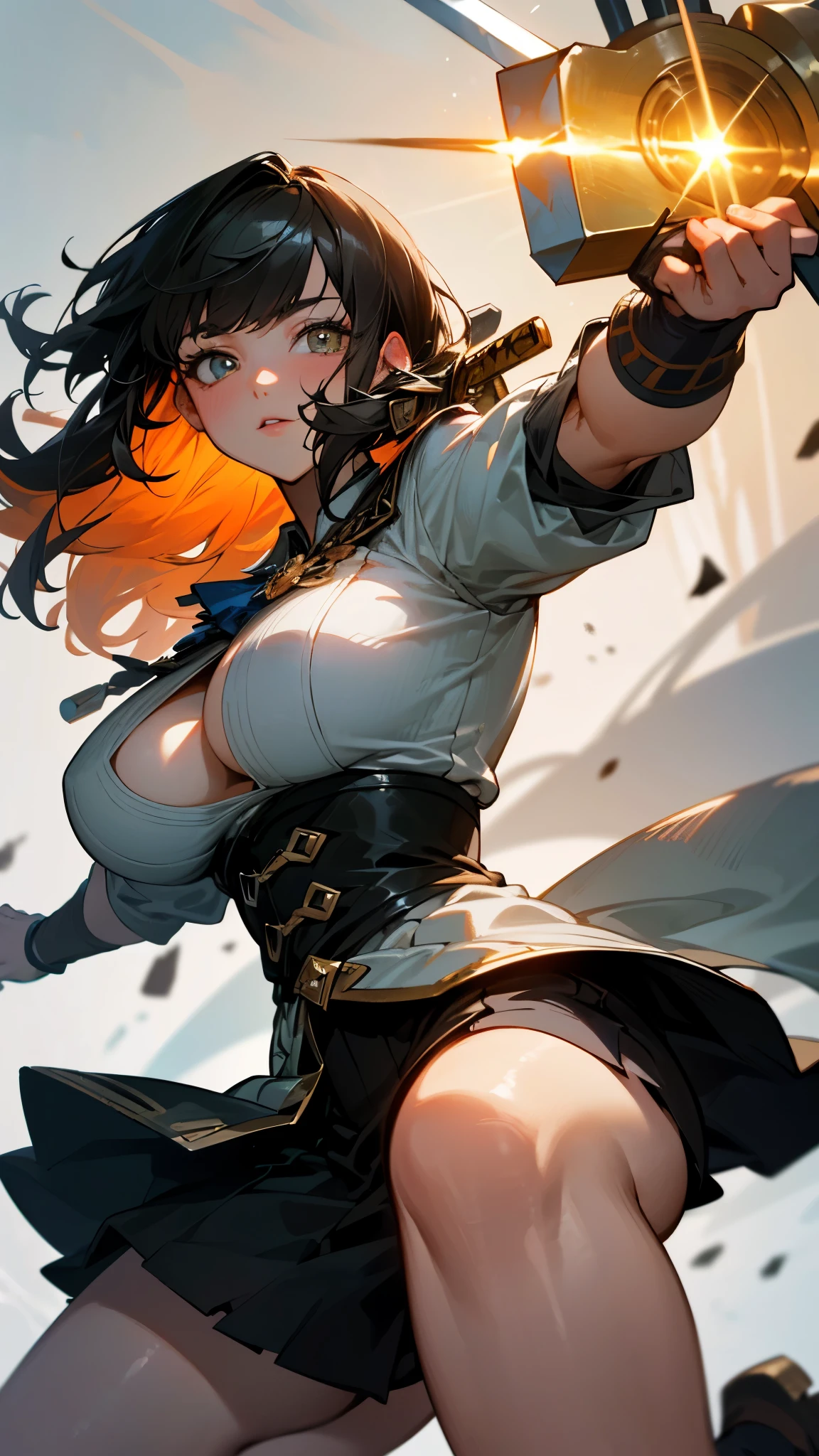 (UHD, retina, masterpiece, accurate, anatomically_correct, textured_skin, super_detail, high_details, high_quality, best_quality, high_res, 1080P, HD, 4K, 8k, 16k), (beautiful_detailed_eyes, beautiful_detailed_lips, extremely_detailed_eyes_and_face), soft_lighting, physically-based_rendering, vivid_colors, (large_breasts:1.5), (shiny_hair, shiny_skin, tanned_skin, blush), (bangs:1.5), eye_reflection, (bokeh), (swordsmith, hammer, dynamic_pose:1.5),