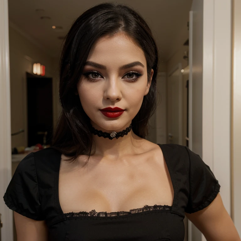 Woman maid,red lipstick, black eyeshadow, 