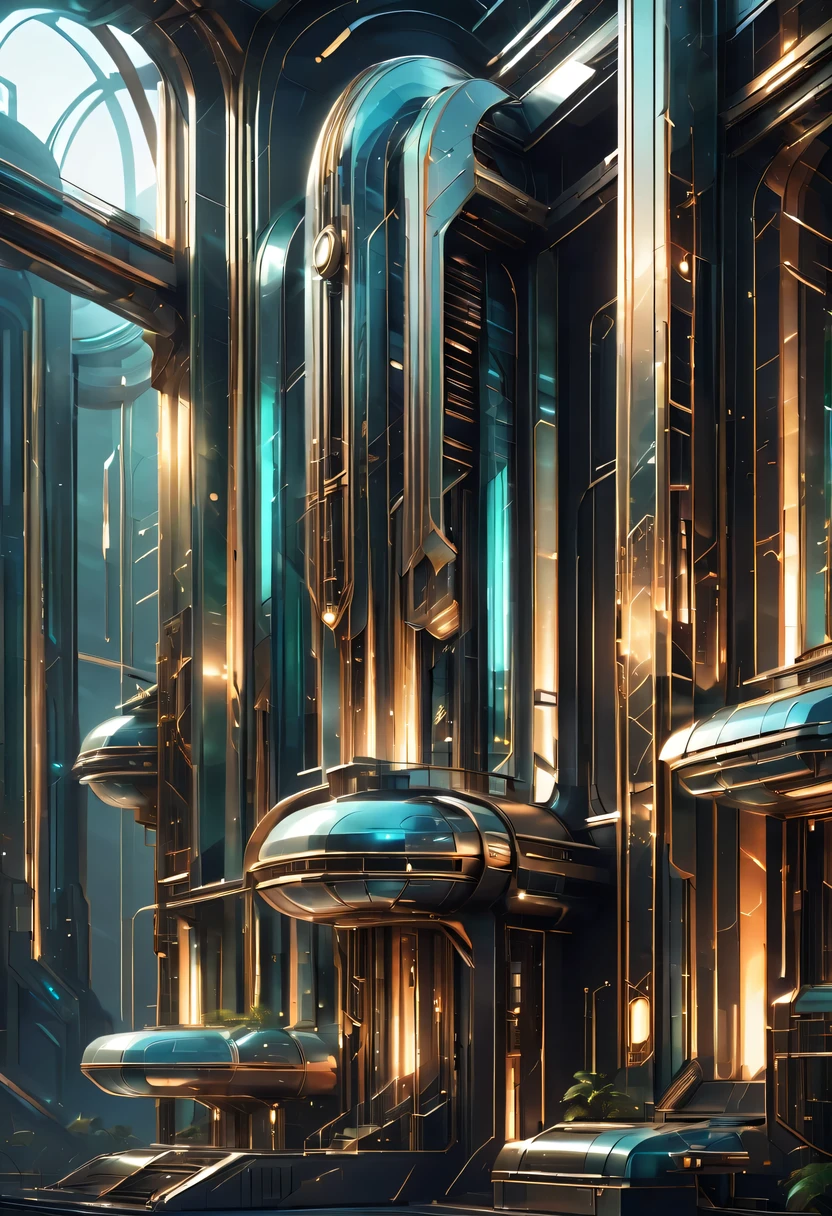 art deco design,Industrial plants,streamline moderne,industrial aesthetic,Abstraction,futuristic,Glass and metallic texture,Light luxury,Use clean lines and geometric shapes,Demonstrate the construction and function of mechanical and industrial components。