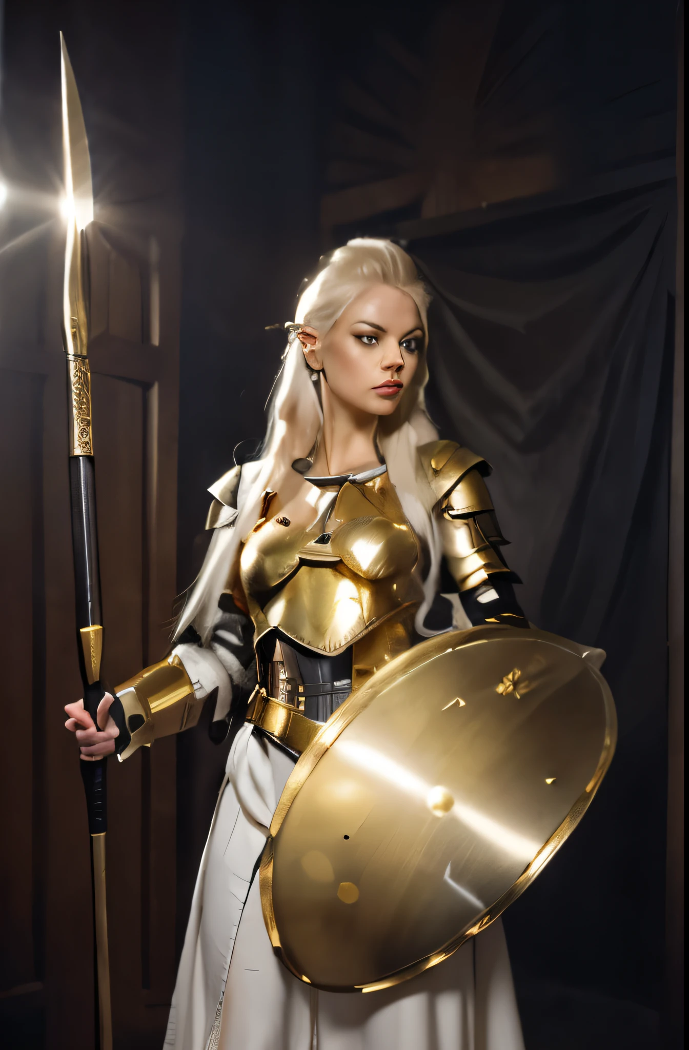 Galadriel Full body martial portrait with armor shield and spear, in (white enamelled heavy plate armor with gold filigree:1.3), golden hair with silver highlights, sexy, light grey eyes, (pointed ears:1.2),
Portrait by Caravaggio, oil on canvas.
1girl,
Full body with shield and spear. The shield device shows the sigil of the house of finarfin. She is holding a long spear. At her side hangs a long sword in scabbard.