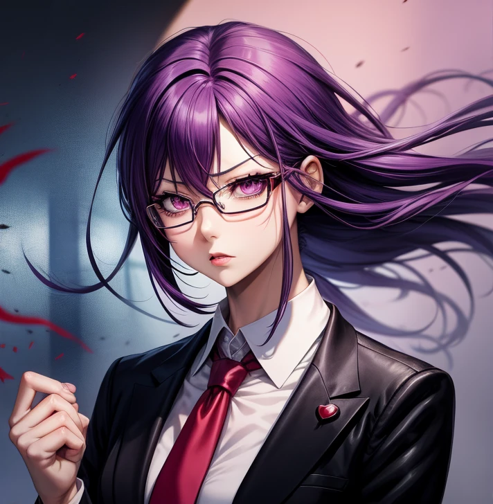 cartoon drawing of a person with a purple hair and a red tie, in an anime style, inspired by Un'ichi Hiratsuka, inspired by Matsumura Goshun, anime boy, anime moe artstyle, sad vampire, in anime style, she has purple hair, tired haunted expression, tired and haunted expression, 2 d anime style, anime cat, glasses on head