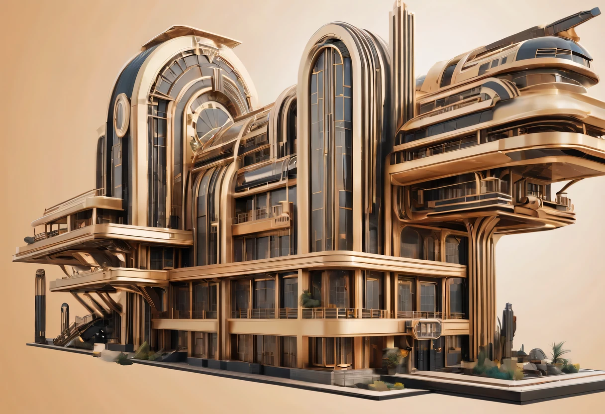 art deco design，Industrial plants，streamline moderne，industrial aesthetic，Abstraction，futuristic，Metallic，Light luxury，Use clean lines and geometric shapes，Demonstrate the construction and function of mechanical and industrial components。