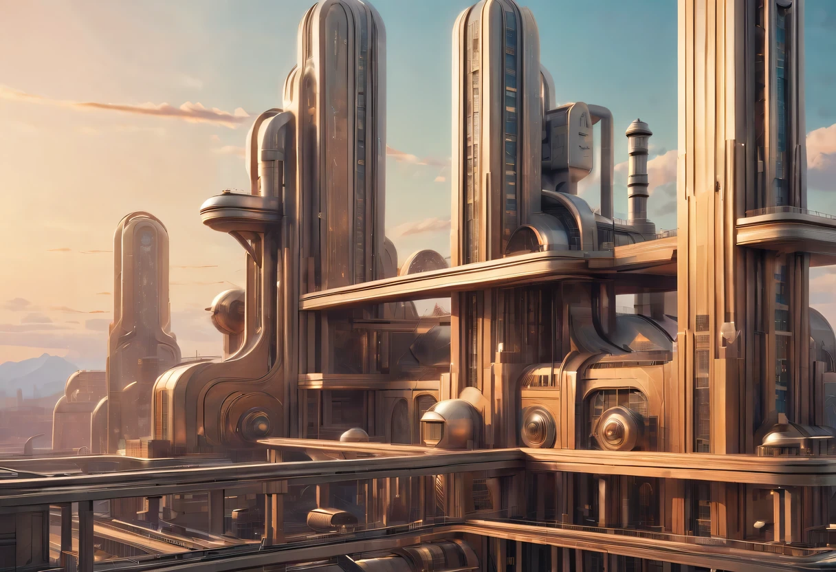 art deco design,Industrial plants,streamline moderne,industrial aesthetic,Abstraction,futuristic,Metallic,Light luxury,Use clean lines and geometric shapes,Demonstrate the construction and function of mechanical and industrial components。