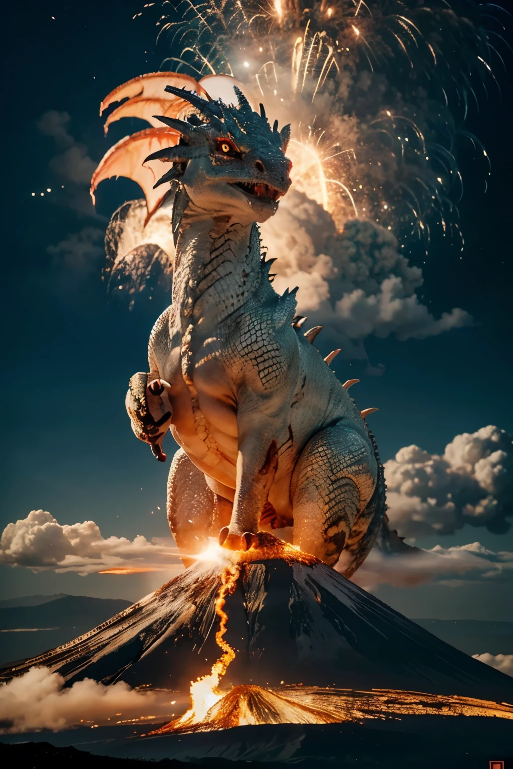 A beautiful white dragon with red eyes and an erupting volcano, an image 1080 high and 1080 wide