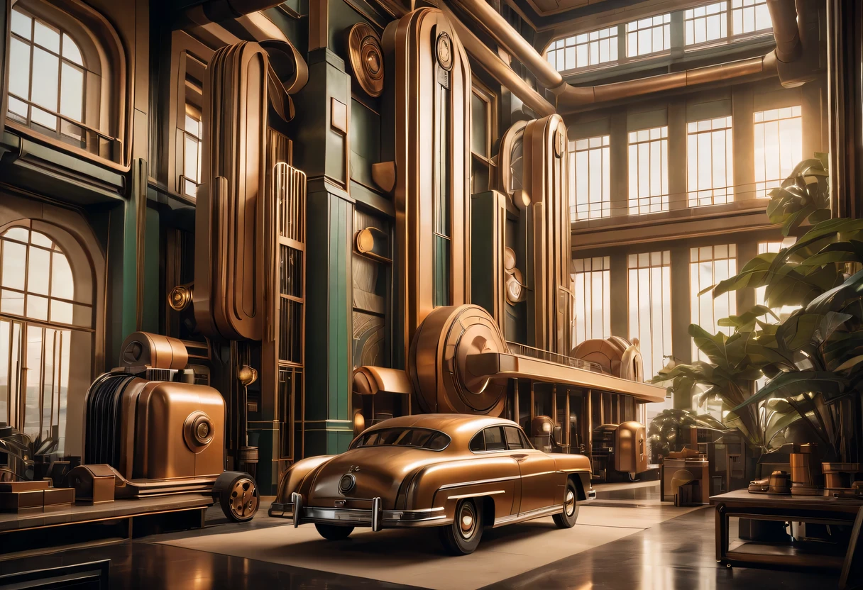 art deco design,Industrial plants,streamline moderne,industrial aesthetic,Abstraction,futuristic,Metallic,Light luxury,Use clean lines and geometric shapes,Demonstrate the construction and function of mechanical and industrial components。