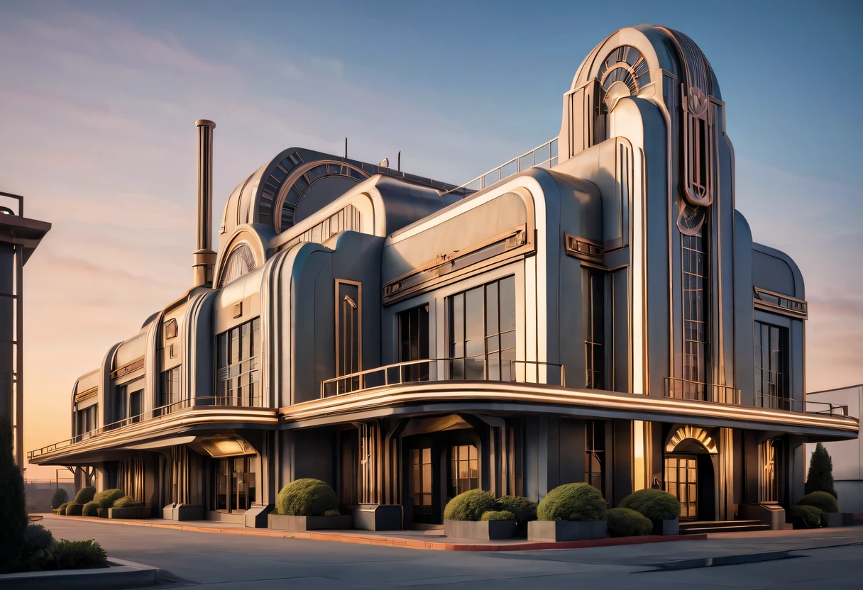 art deco design,Industrial plants,streamline moderne,industrial aesthetic,Abstraction,futuristic,Metallic,Light luxury,Use clean lines and geometric shapes,Demonstrate the construction and function of mechanical and industrial components。