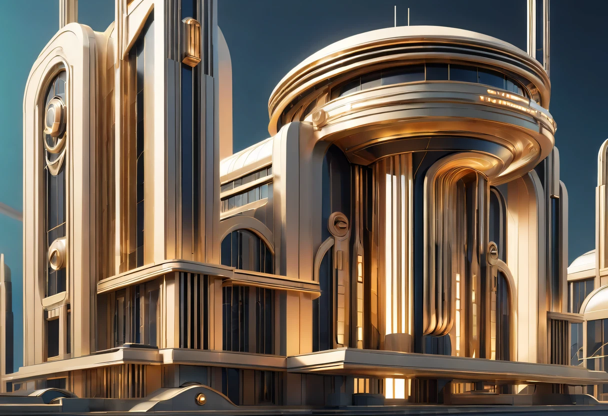 art deco design，Industrial plants，streamline moderne，industrial aesthetic，Abstraction，futuristic，Metallic，Light luxury，Use clean lines and geometric shapes，Demonstrate the construction and function of mechanical and industrial components。