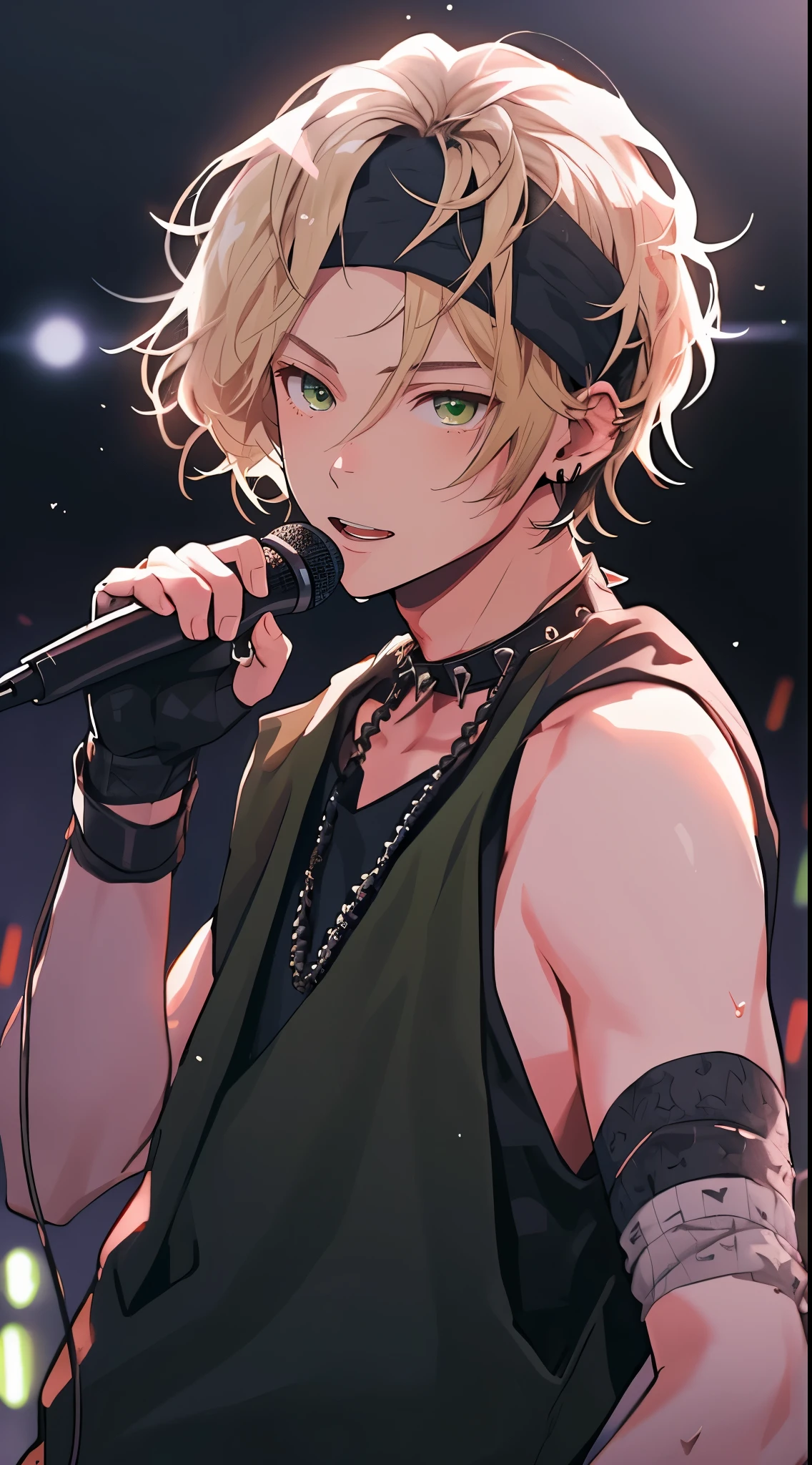 Beautiful young man, blond hair, black sleeveless hoodie, black headband across forehead, playful expression, looking at camera, microphone in one hand, stage background, green stage lights, gradient background,high quality, amount of drawing, pixiv illustration