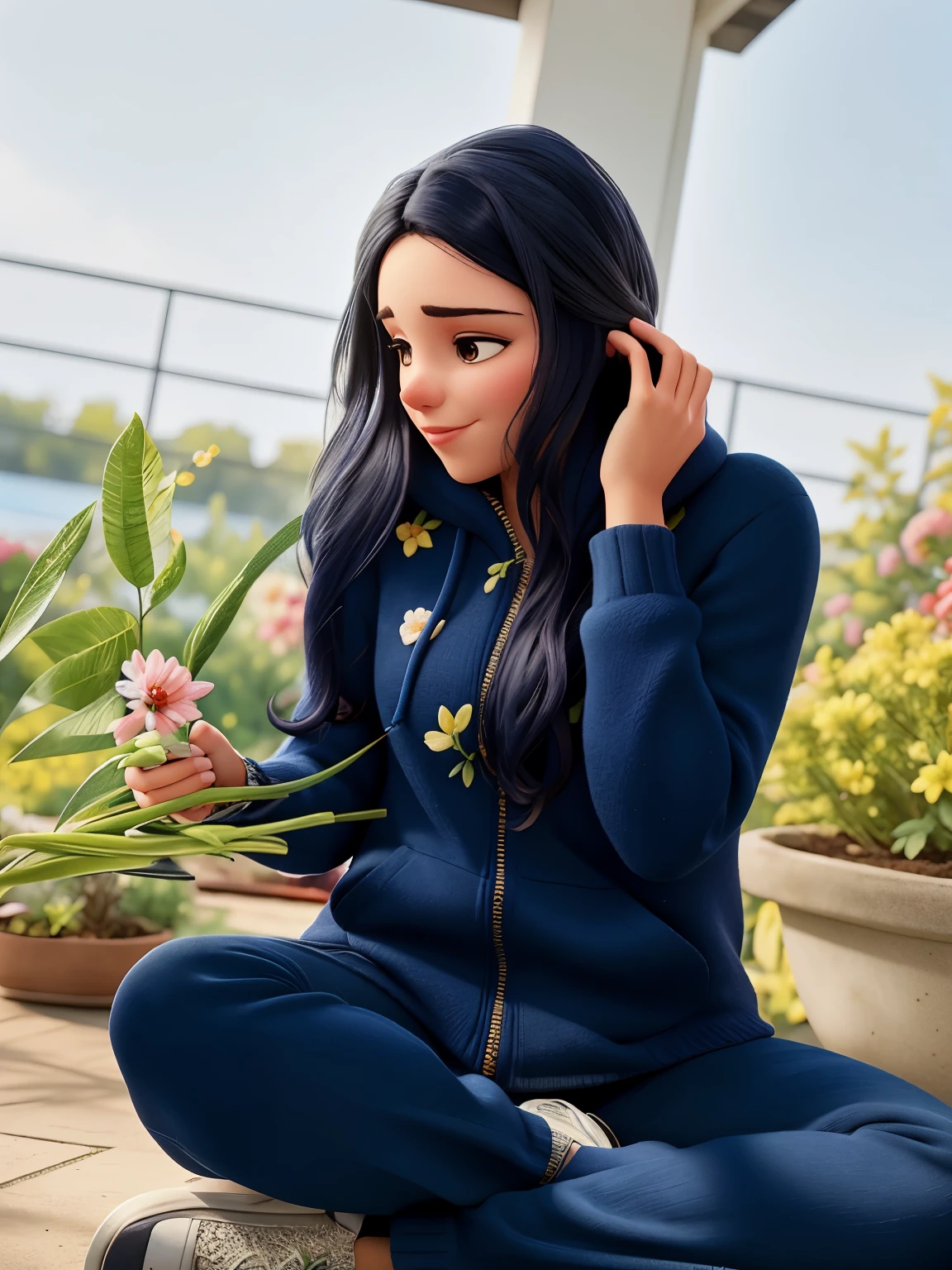 a woman sitting on the ground with a plant in her hand, sitting with flowers, with flowers, candid picture, with lovely look, in a navy blue sweater, candid photo, profile pic, full body photogenic shot, candid photography, in garden, stylish pose, wearing a hoodie and flowers, extremely graphic, attractive girl, with frozen flowers around her, with a cool pose