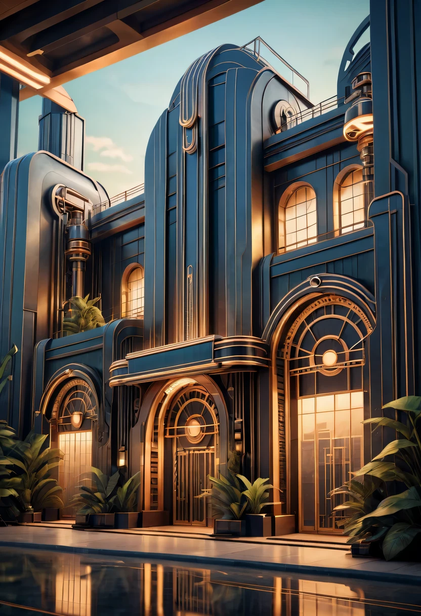 art deco design，Industrial plants，streamline moderne，industrial aesthetic，Abstraction，futuristic，Metallic，Light luxury，Use clean lines and geometric shapes，Demonstrate the construction and function of mechanical and industrial components。