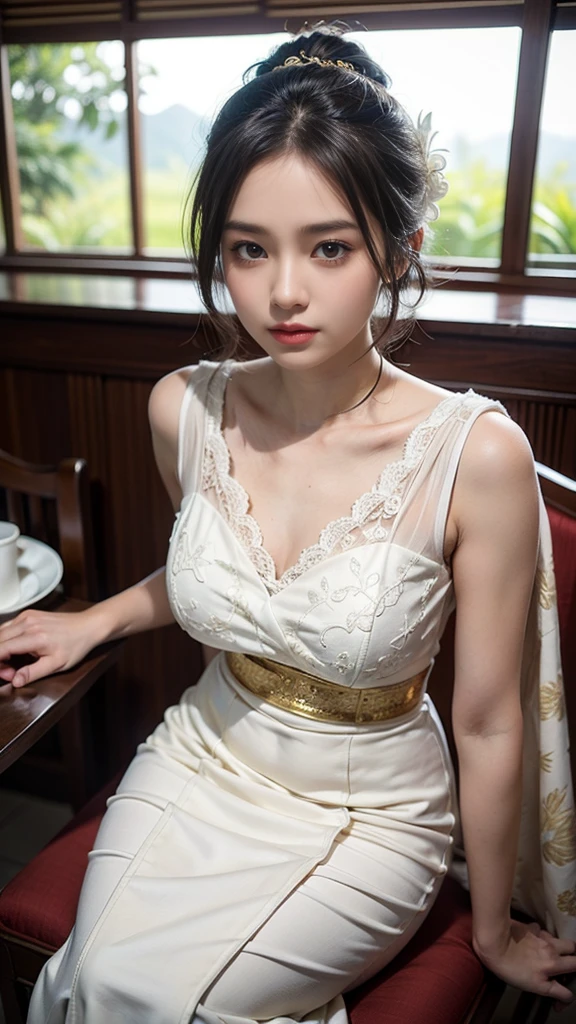 a woman sitting on a chair carrying a canang_sari, traditional Balinese clothing, wearing ornate clothing, traditional beauty, kebaya_bali, wearing intricate white lace, golden patterned female Balinese kamen, kebaya_bali clothing, Balinese costume, traditional Kebaya_bali style, wearing elegant clothing, traditional adat Bali