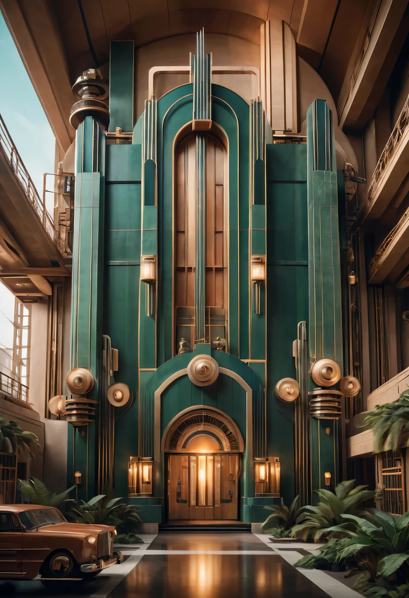 art deco design,Industrial plants,streamline moderne,industrial aesthetic,Abstraction,futuristic,Metallic,Light luxury,Use clean lines and geometric shapes,Demonstrate the construction and function of mechanical and industrial components。