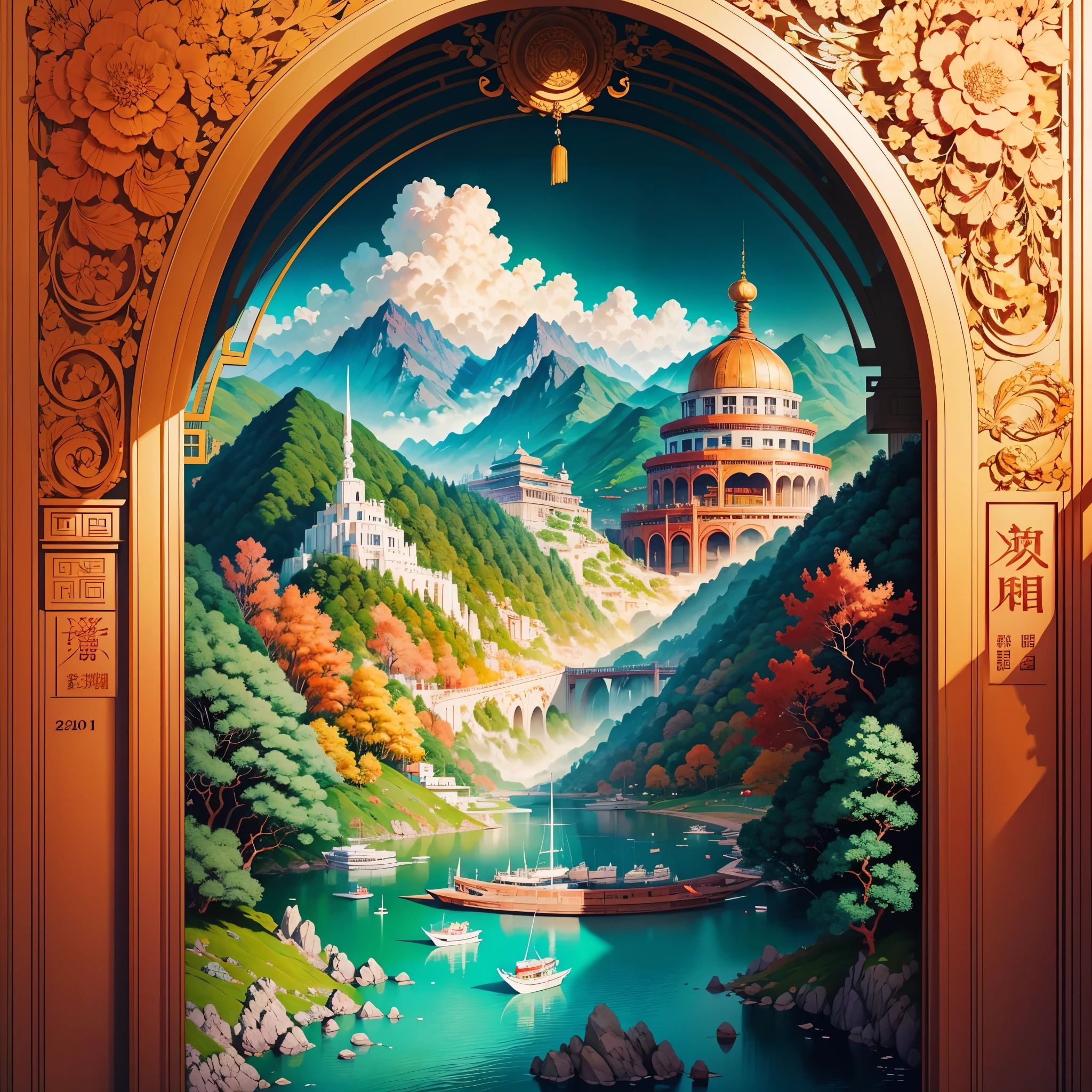 ancient chinese painting, ancient chinese background, mountains, river, auspicious clouds, pavilions, sunlight, masterpiece, super detail, epic composition, ultra hd, high quality, extremely detailed, official art, unified wallpaper, super detail, varies multi etc. --v 6 --s 1000 --c 20 --q 20 --chaos 100