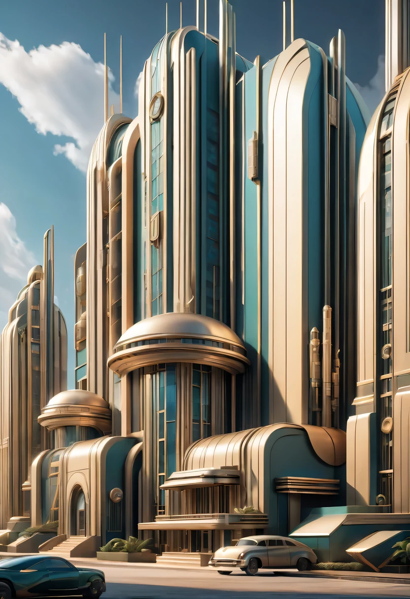 art deco design，Industrial plants，streamline moderne，industrial aesthetic，Abstraction，futuristic，Metallic，Light luxury，Use clean lines and geometric shapes，Demonstrate the construction and function of mechanical and industrial components。