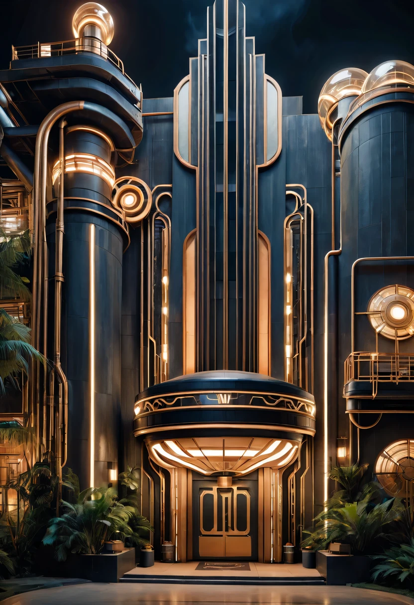 art deco design，Industrial plants，streamline moderne，industrial aesthetic，Abstraction，futuristic，Metallic，Light luxury，Use clean lines and geometric shapes，Demonstrate the construction and function of mechanical and industrial components。