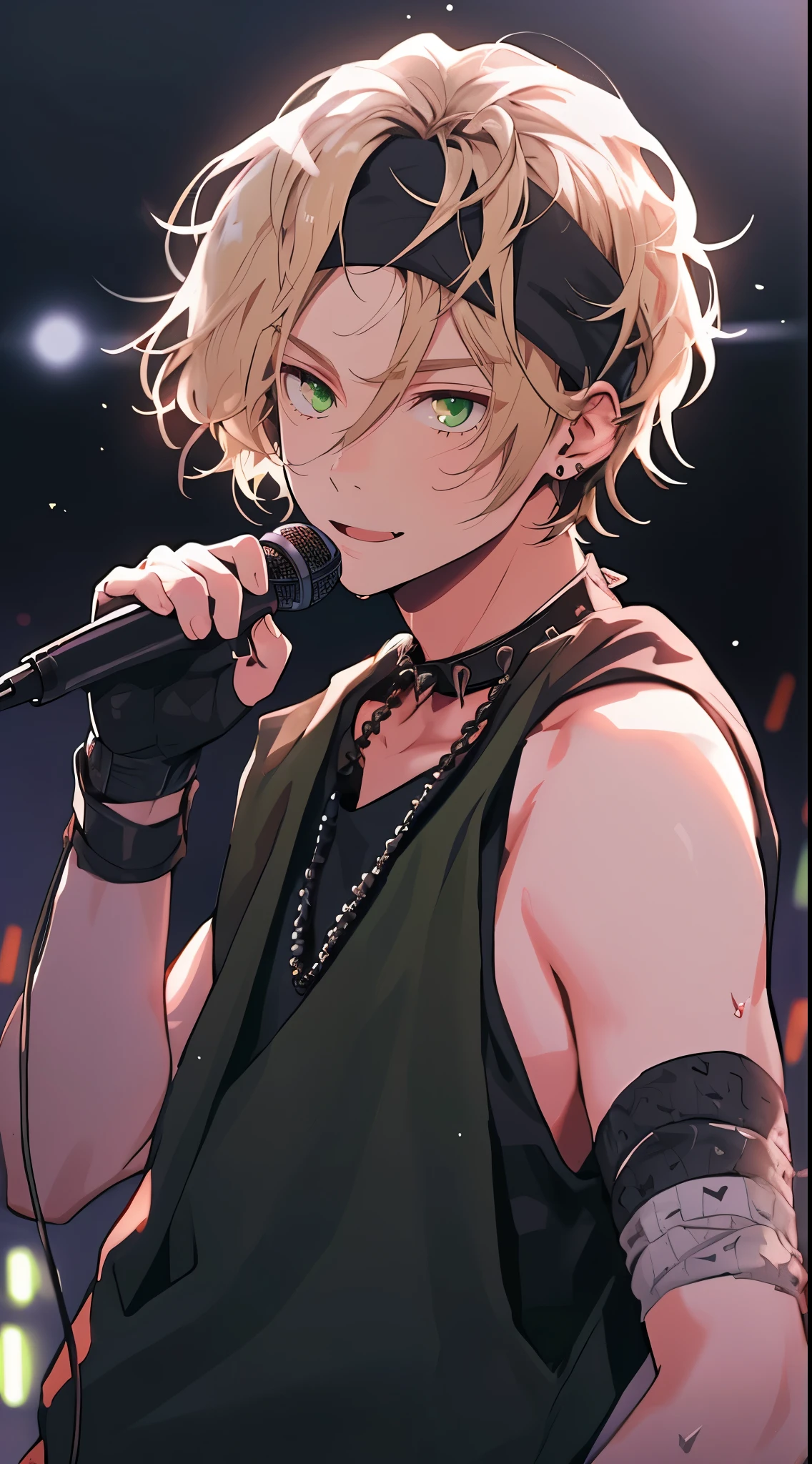 Beautiful young man, blond hair, black sleeveless hoodie, black headband across forehead, playful expression, looking at camera, microphone in one hand, stage background, green stage lights, gradient background,high quality, amount of drawing, pixiv illustration