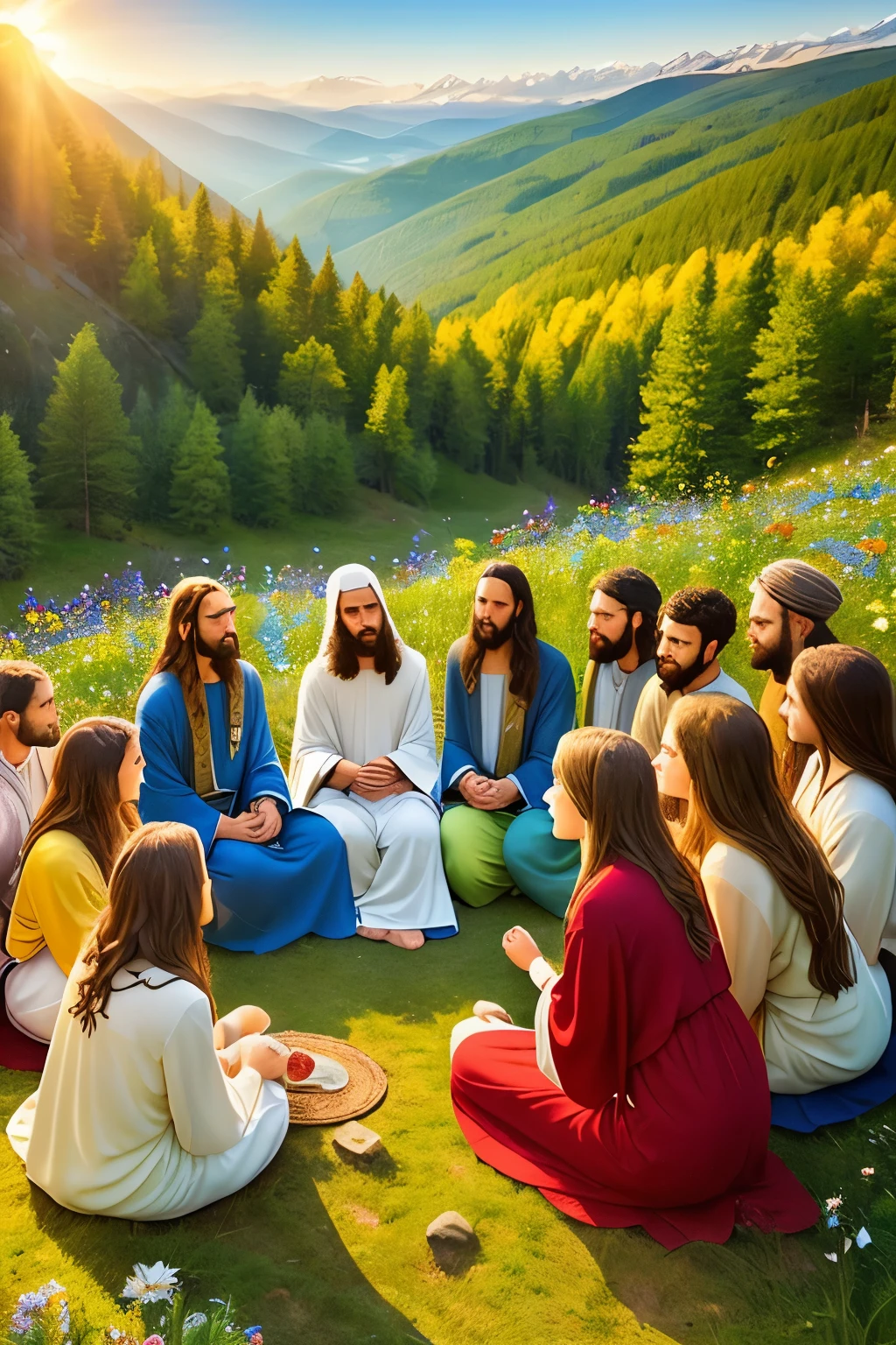 A serene scene of Jesus engaged in deep conversation with seven people on a peaceful mountain landscape bathed in sunlight. The warm, golden rays illuminate the tranquil faces of those gathered around, casting long, soft shadows on the textured, earthy ground beneath them. The calming mountain backdrop, dotted with vibrant wildflowers and lush greenery, highlights the stillness and inner peace that surrounds this enchanting gathering. Jesus, with his warm and compassionate gaze, listens intently to each person's words, his intricately detailed robe shimmering in the sunlight, as he shares wisdom and understanding that resonates with the hearts of those around him. This captiv