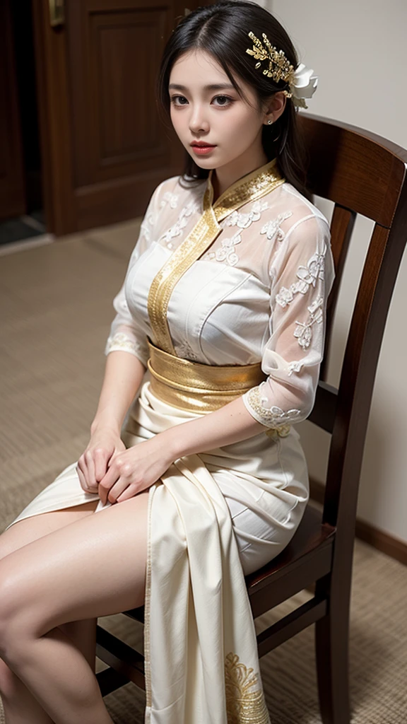 a woman sitting on a chair carrying a canang_sari, traditional Balinese clothing, wearing ornate clothing, traditional beauty, kebaya_bali, wearing intricate white lace, golden patterned female Balinese kamen, kebaya_bali clothing, Balinese costume, traditional Kebaya_bali style, wearing elegant clothing, traditional adat Bali