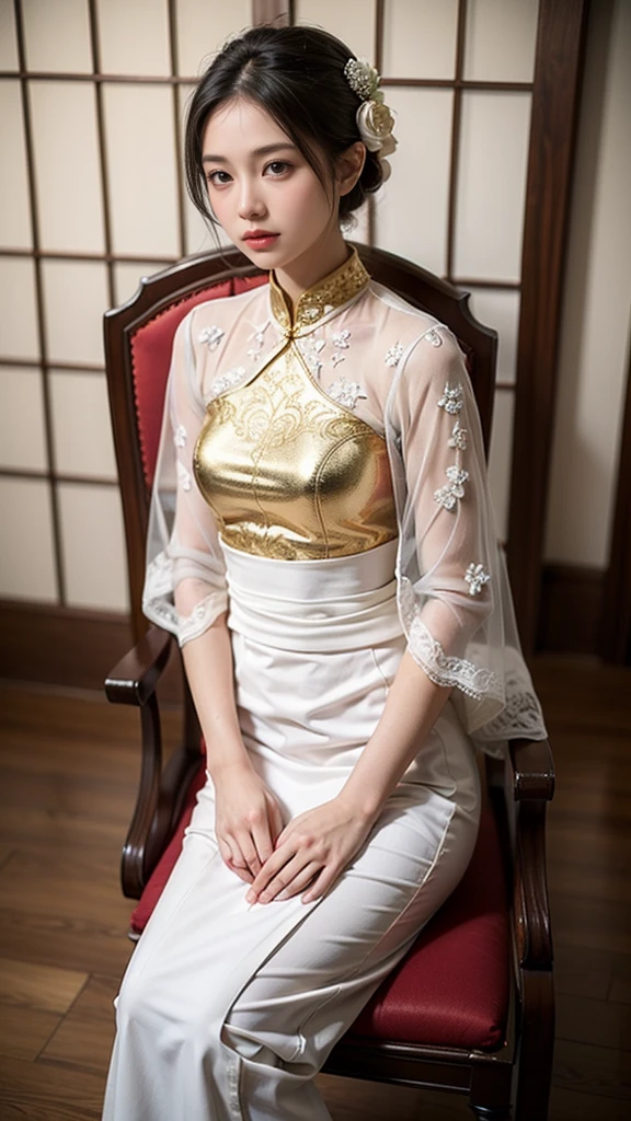 a woman sitting on a chair carrying a canang_sari, traditional Balinese clothing, wearing ornate clothing, traditional beauty, kebaya_bali, wearing intricate white lace, golden patterned female Balinese kamen, kebaya_bali clothing, Balinese costume, traditional Kebaya_bali style, wearing elegant clothing, traditional adat Bali