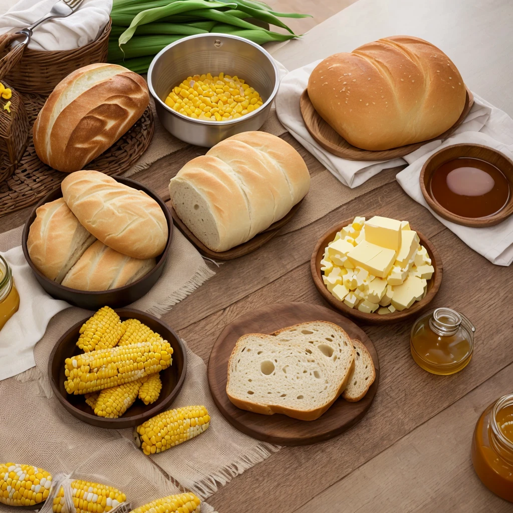 food, bread, rolls, ears of corn, a table with a linen tablecloth, butter in a churn, a jar of honey