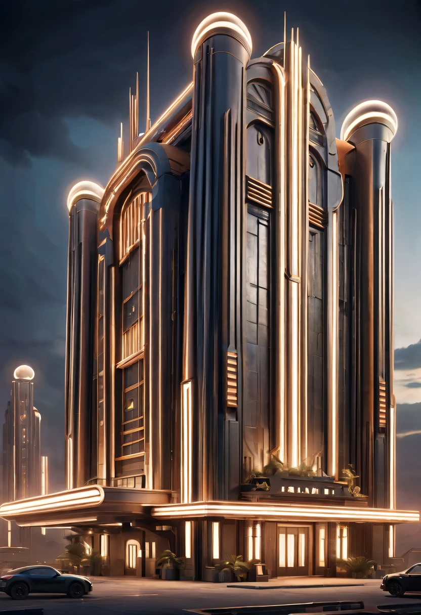 art deco design，Industrial plants，streamline moderne，industrial aesthetic，Abstraction，futuristic，Metallic，Light luxury，Use clean lines and geometric shapes，Demonstrate the construction and function of mechanical and industrial components。