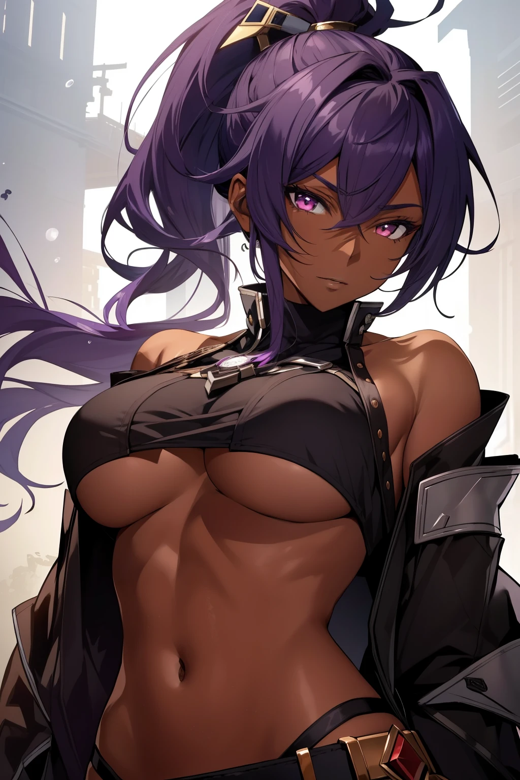 (masterpiece, best quality),  intricate details, 8k, artstation, wallpaper, official art, splash art, sharp focus,
1girl,  solo, shihouin yoruichi, purple hair, (dark skin, dark-skinned female:1.2), ponytail, 
 cropped-fc,  underboob,