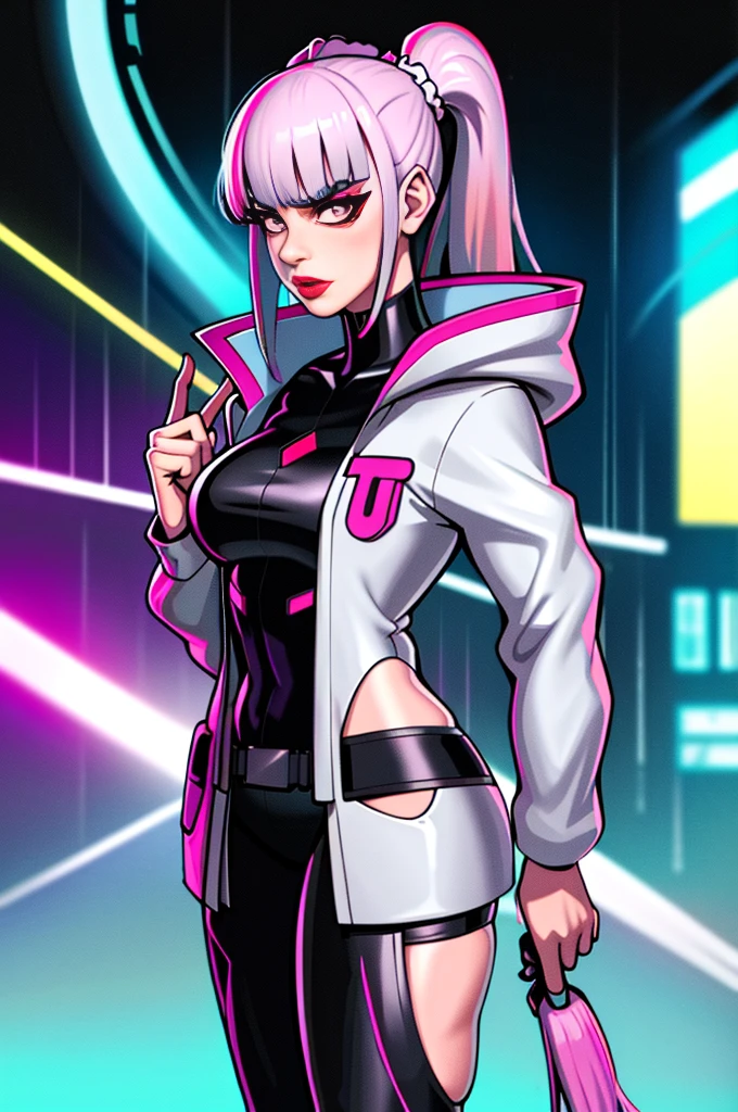 lucy \(Cyberpunk\), 1girll, hair scrunchie, hime-cut, Silver hair, colored tips, full moon, With gray eyes, Jacket, Long sleeves, view the viewer, Medium hair, Colorful hair, Bangs separated, lips parted, Pink-haired, Portrait, Red eyeliner, Redlip, Solo, White jacket, cyber punk perssonage\(Series\), Rainy night in neon-lit cyberpunk city,Two-dimensional,cyberpunk edgerunners