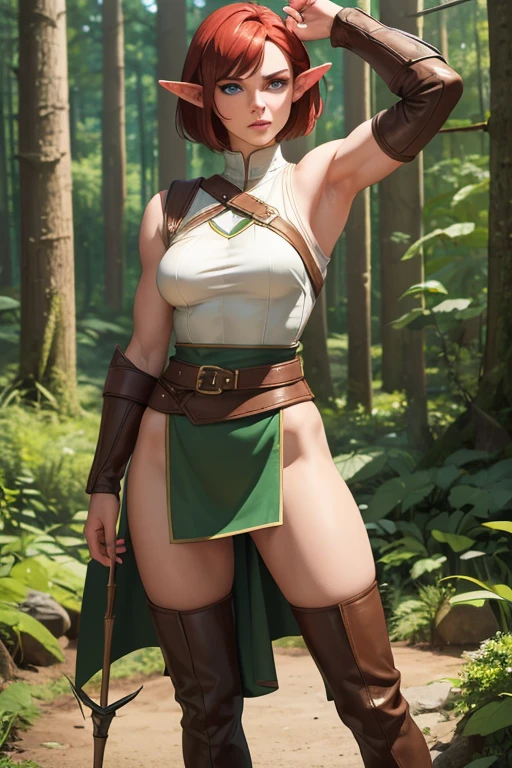 (8K, best Quality, Masterpiece:1.2), (photorealistic:1.4), RAW-photo, best Quality, ultra high resolution, best shadows, slim physique, 191 cm tall, skinny with small breasts and a small but pert butt. Thin and elongated legs, pointy ears, Short red hair made into a bob cut, baby blue eyes, thick and pouty lips, Wears thigh-high brown leather boots, wears a brown leather cuirass, wears a white skirt that reaches to her knees, wears a green sleeveless tunic underneath her cuirass, toned and sinewy arms with thick veins running over the biceps, forest in background, archer, wooden bow on back