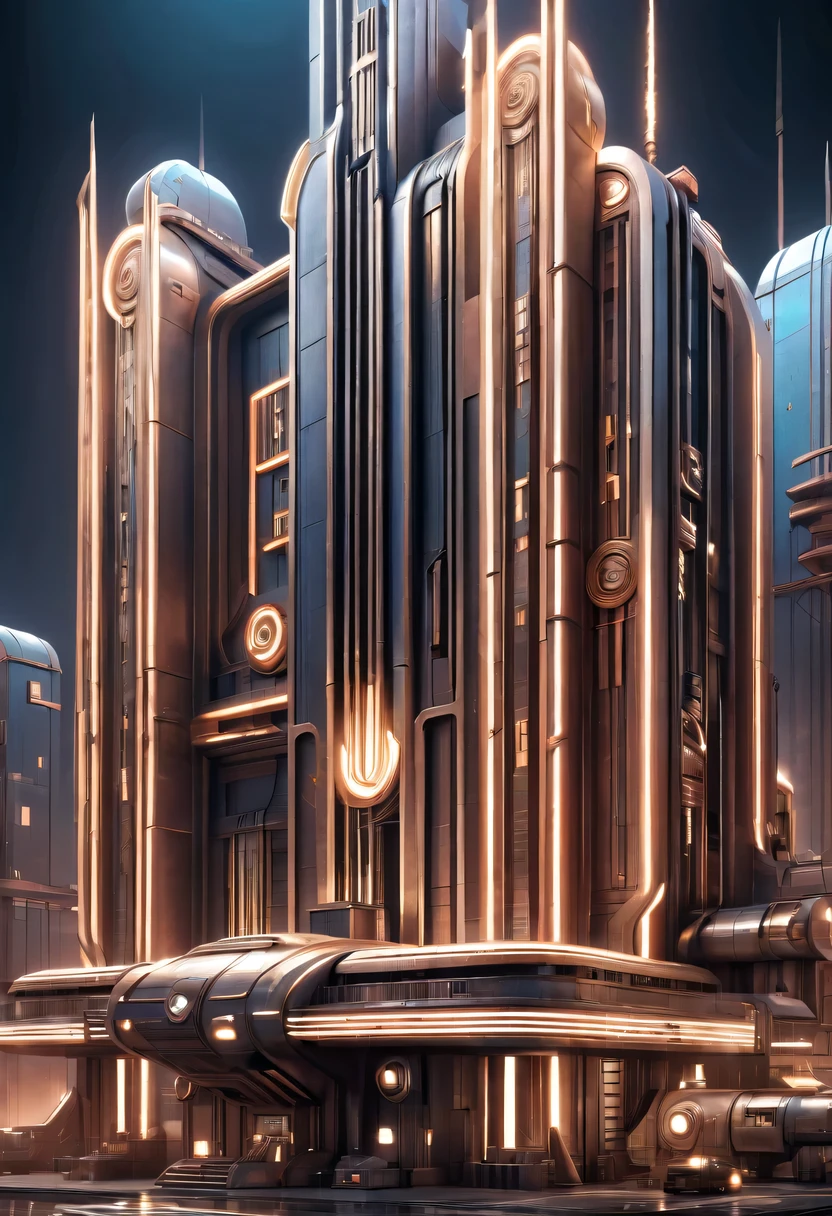 art deco design，Industrial plants，streamline moderne，industrial aesthetic，Abstraction，futuristic，Metallic，Light luxury，Use clean lines and geometric shapes，Demonstrate the construction and function of mechanical and industrial components。