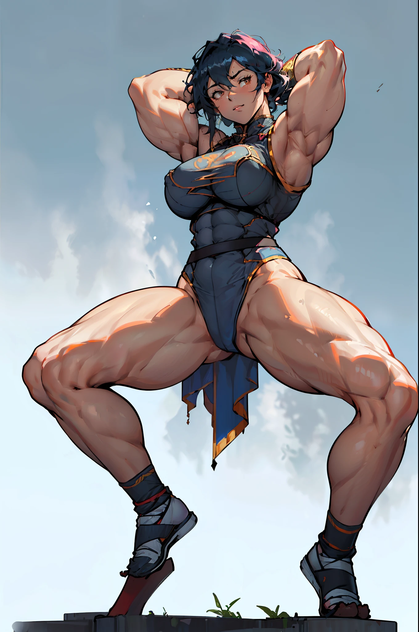 (high resolution, pixel perfect, gorgeous illustrations), (hyper quality, muste piece, etheric: 1.4),(solo:1.4), pale skin, (((((((muscular))))))), ((thick thighs)), (((wide hips))), ((Big breasts that are about to burst)), (((woman))), ((((mature woman)))), ((wh_chi_armor)), ((leotard)), (lewd girl), ((gray background)), (shiny skin), ((overexposure)), ((facial lash)), ((Squat with both knees upright、spread your legs:1.5)), (raise both arms behind your head:1.5), (((UnderButt))), ((look down, looking at the viewer)),