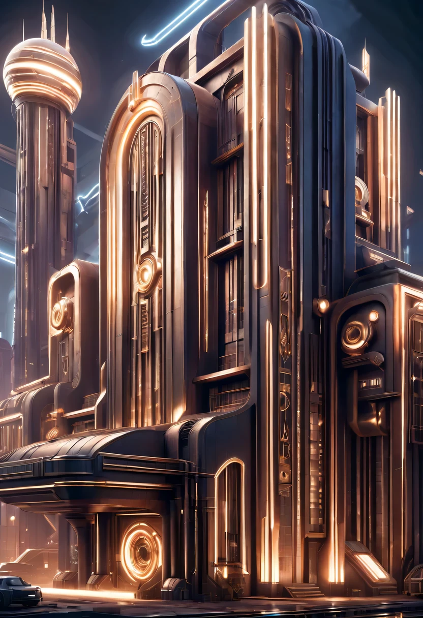 art deco design，Industrial plants，streamline moderne，industrial aesthetic，Abstraction，futuristic，Metallic，Light luxury，Use clean lines and geometric shapes，Demonstrate the construction and function of mechanical and industrial components。