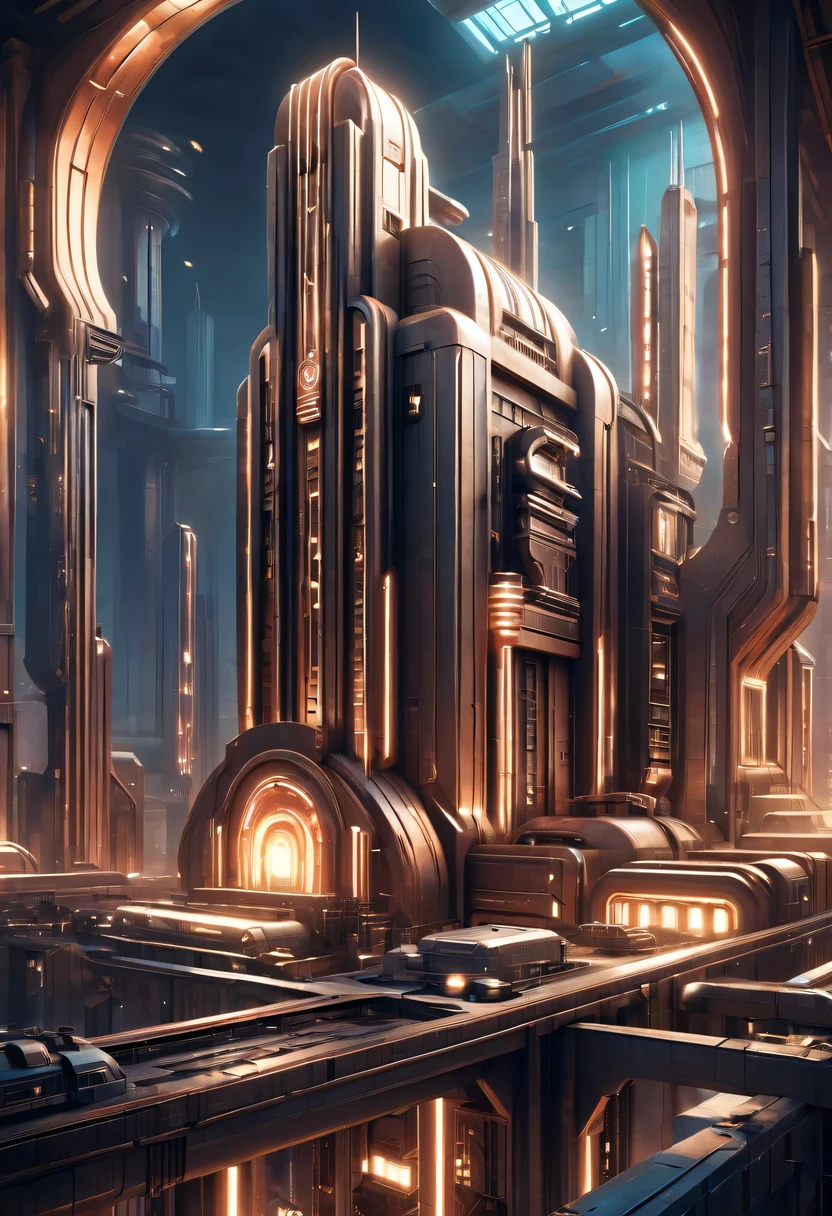 art deco design，Industrial plants，streamline moderne，industrial aesthetic，Abstraction，futuristic，Metallic，Light luxury，Use clean lines and geometric shapes，Demonstrate the construction and function of mechanical and industrial components。

