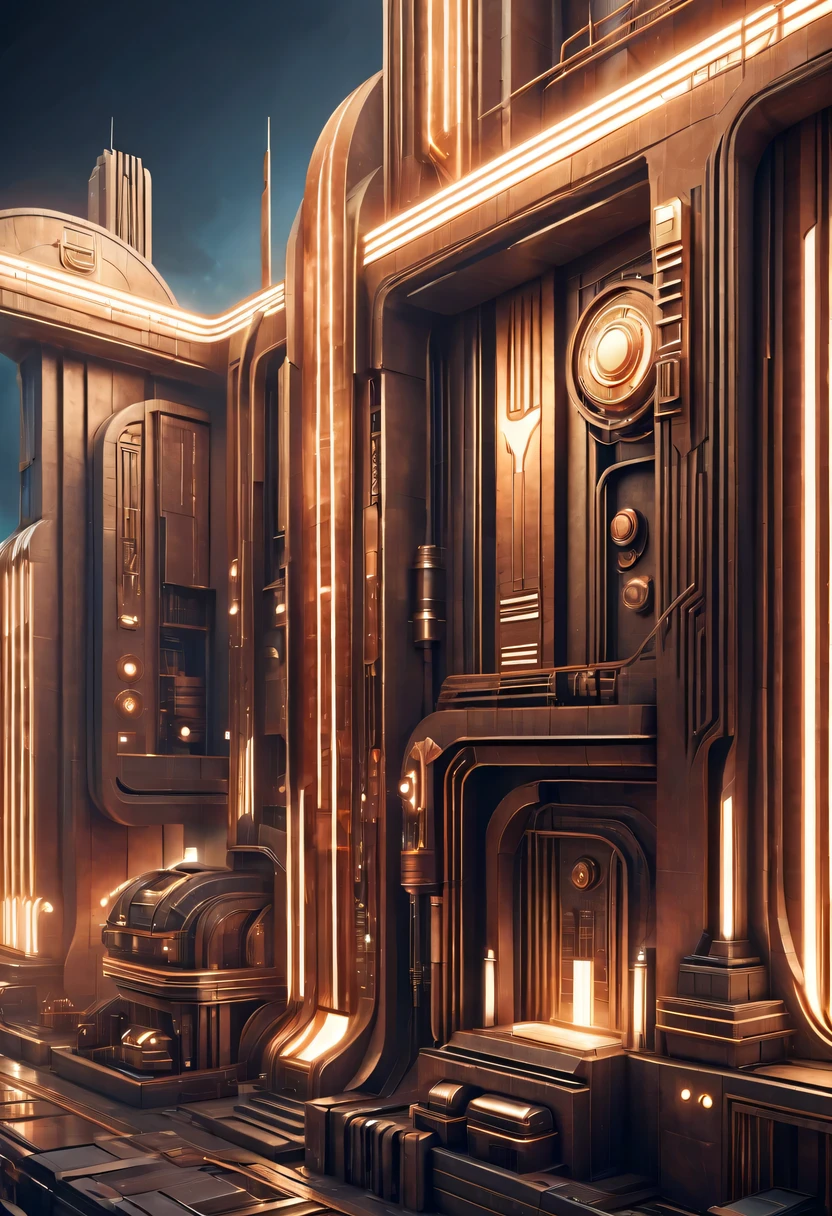 art deco design，Industrial plants，streamline moderne，industrial aesthetic，Abstraction，futuristic，Metallic，Light luxury，Use clean lines and geometric shapes，Demonstrate the construction and function of mechanical and industrial components。

