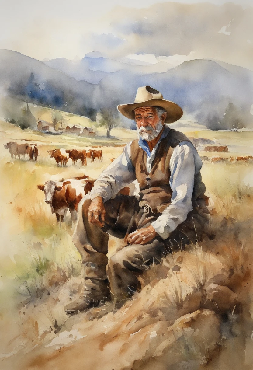 An old Gaucho sitting drinking mate looking at the herd of cows