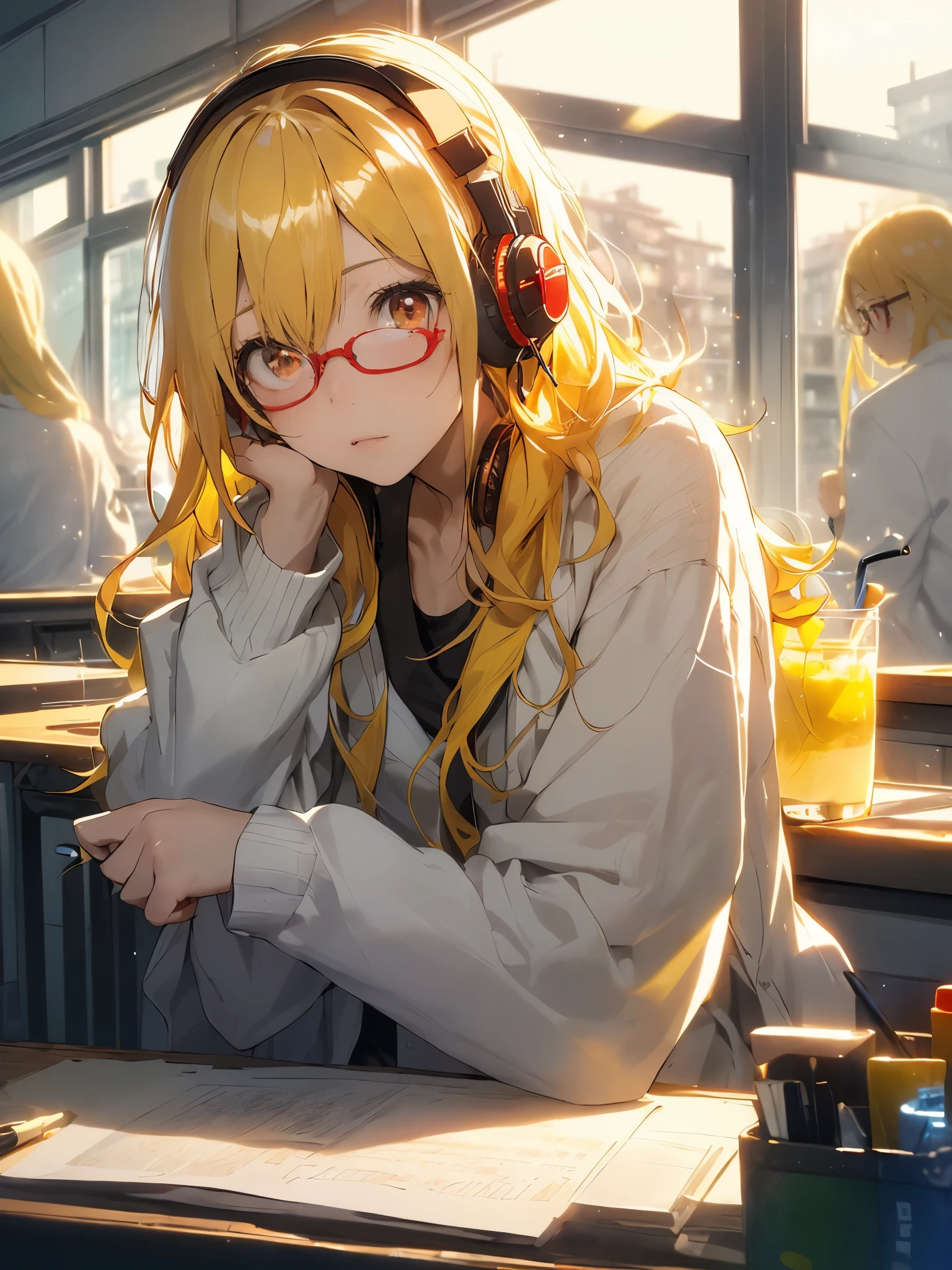 At night, the neon lights on the windowsills shine.、(((Woman living alone is studying at desk on left side wearing headphones))),in the corner of the room, (((There was no one but her)))、Neon lights illuminate the room in a fantastical way。color is yellow,A girl with eyes more beautiful than the sky is staring at me from the side..anime style、graduate School、experiment、experiment室、理科のexperiment、technical university students、Chemical、((white clothes)), (((1 female))), 22 years old, Esbian, small and poor chest, Get angry、lemon、((bright yellow hair)), long hair, ((red eyes)), amber eyes、Red beautiful eyes, (natural skin texture 鮮やかなディテール, surreal, (realistic detailed eyes, natural skin texture, realistic facial details), soft and dramatic lighting, ((lemonがテーマ)),Glasses