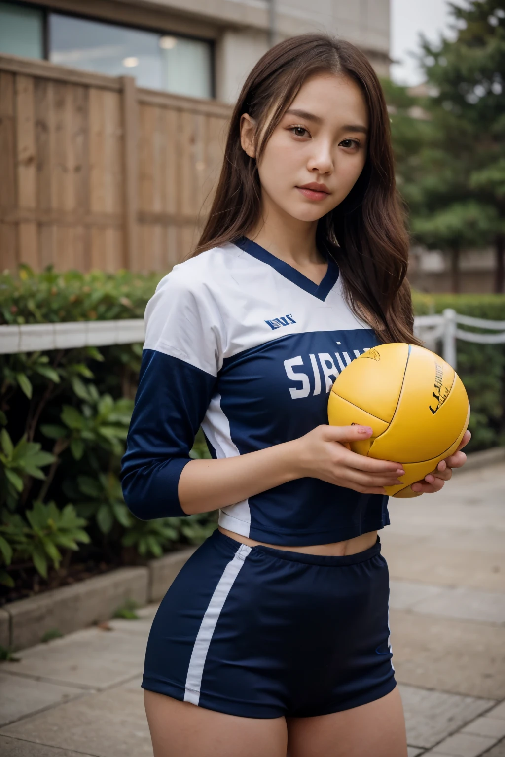 araffe woman in a blue uniform holding a yellow and blue ball, wearing a volleyball jersey, jaeyeon nam, jinyoung shin, lee ji - eun, lee ji-eun, shin min jeong, korean girl, sakimichan, sun yunjoo, beautiful south korean woman, gorgeous young korean woman, jung gi kim, heonhwa choe