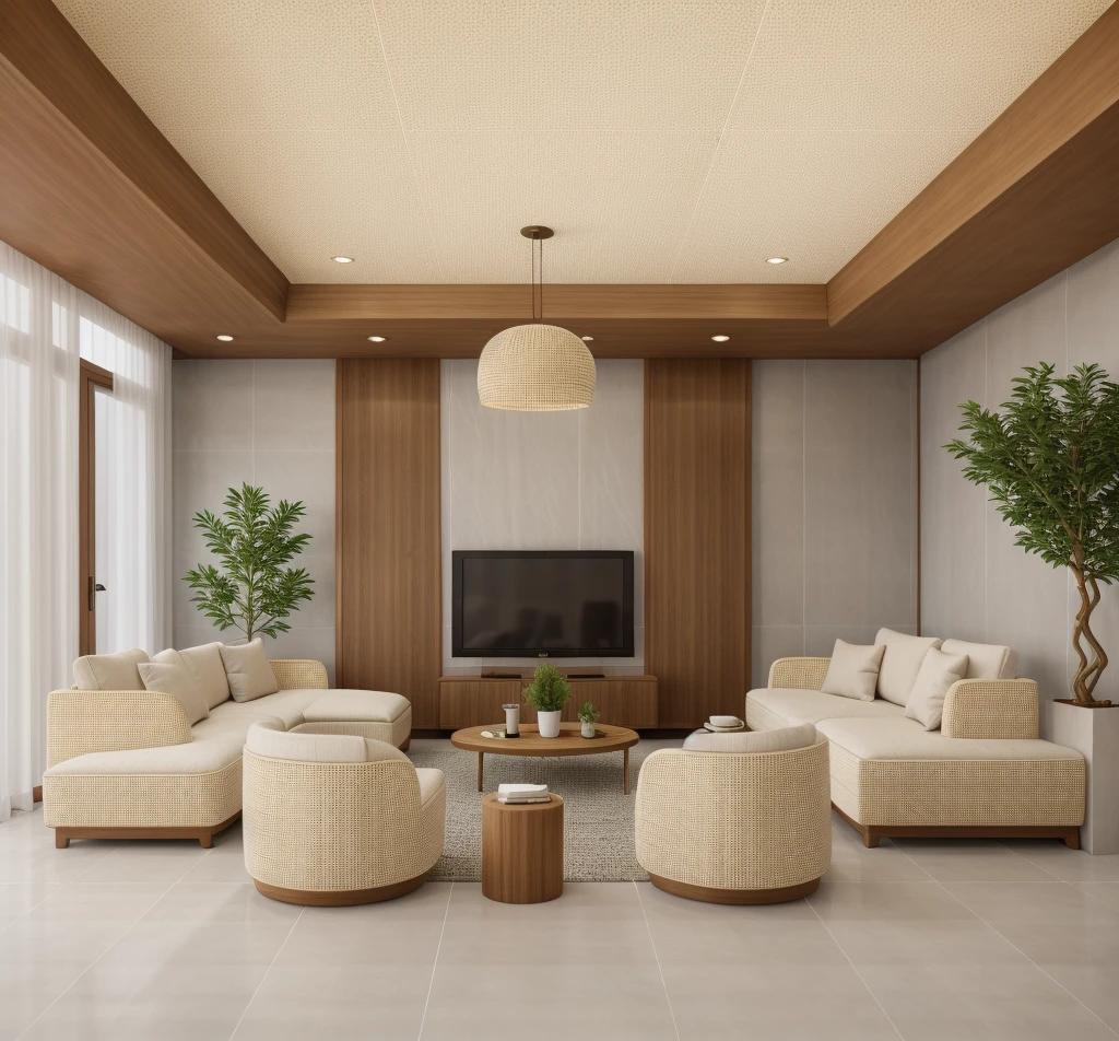 Real photo, modern livingroom, made from morden rattan funiture, gorgeous design, modern style, shadows, volumetric lighting, shadows, high-end photography, fidelity, bright details, sharp, unique, winning photography award, Canon EOS 5D Mark IV DSLR camera, f/ 6 , ISO 100, 1/250 sec, uhd, 8k, natural soft light Of course, best quality, Super high resolution, floor made from Honed Brick Bond Tiles Cappuccino Marble Texture:1.2, morden rattan funiture:1.1