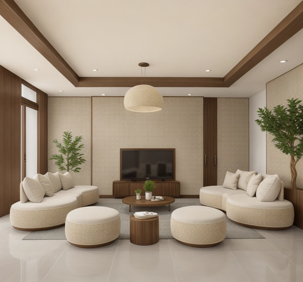 Real photo, modern livingroom, made from morden rattan funiture, gorgeous design, modern style, shadows, volumetric lighting, shadows, high-end photography, fidelity, bright details, sharp, unique, winning photography award, Canon EOS 5D Mark IV DSLR camera, f/ 6 , ISO 100, 1/250 sec, uhd, 8k, natural soft light Of course, best quality, Super high resolution, floor made from Honed Brick Bond Tiles Cappuccino Marble Texture:1.2, morden rattan funiture:1.1