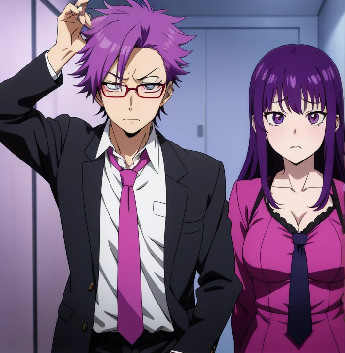 cartoon drawing of a person with a purple hair and a red tie, in an anime style, inspired by Un'ichi Hiratsuka, inspired by Matsumura Goshun, boy, anime moe artstyle, sad vampire, in anime style, she has purple hair, tired haunted expression, tired and haunted expression, 2 d anime style, anime cat, glasses on head