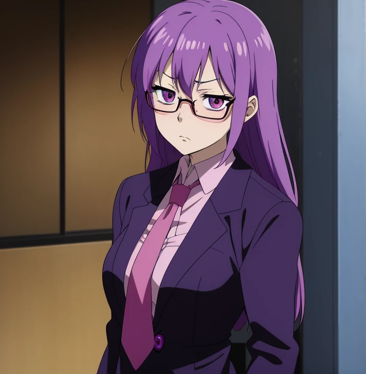 cartoon drawing of a person with a purple hair and a red tie, in an anime style, inspired by Un'ichi Hiratsuka, inspired by Matsumura Goshun, boy, anime moe artstyle, sad vampire, in anime style, she has purple hair, tired haunted expression, tired and haunted expression, 2 d anime style, anime cat, glasses on head