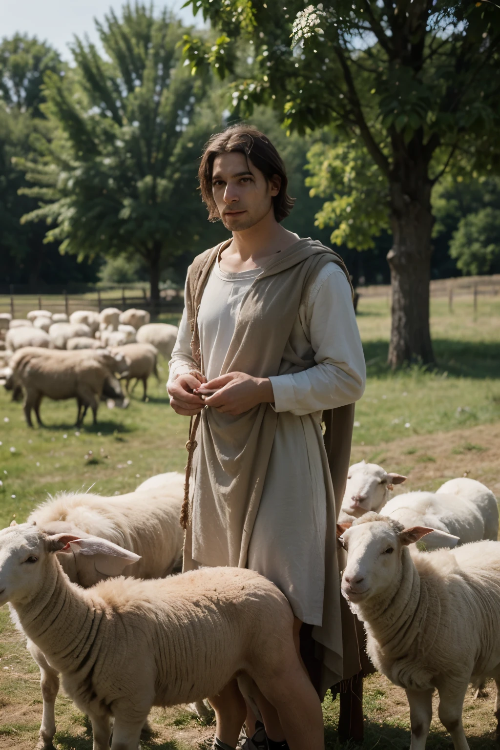 make a picture of David redhaed in the first century period, a young shepherd in a pastoral setting, filled with sheep and holding a sling in his hands, the image should capture the simplicity and serenity of country life 8K realistic digital art, ultra realistic digital painting, highly realistic digital art